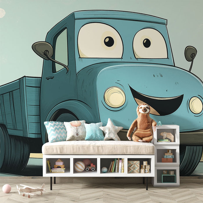 Mural Wallpaper cute truck | A joyful blue truck in an animation landscape