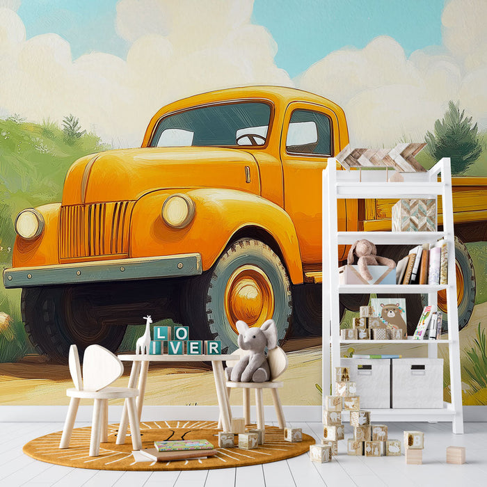 Tapeta vintage oranžový náklaďák | Starý náklaďák s retro designem a lesklým povrchem