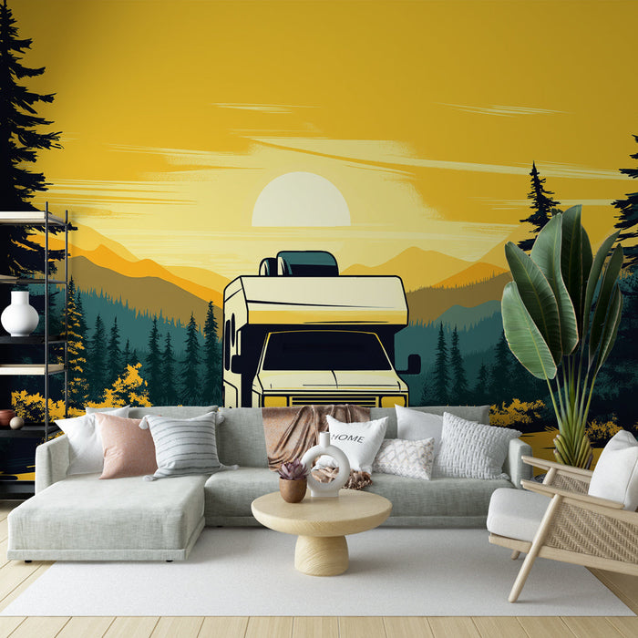 Muralová tapeta kempování | Obytný vůz na silnici skrz hory