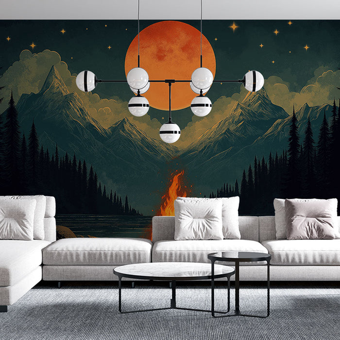 Tapeta camping | Gwiaździste niebo i ognisko pod pełnią księżyca