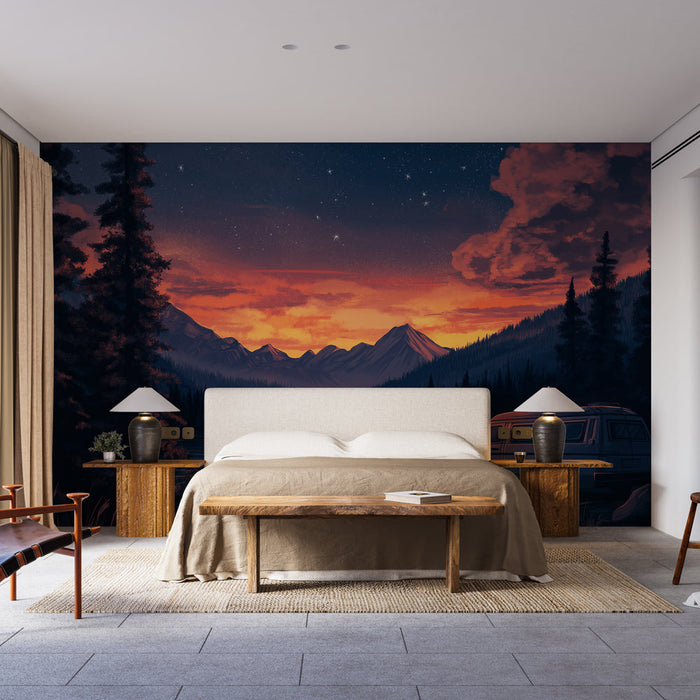 Tapeta camping | Zachód słońca w górach z vanem i ogniskiem