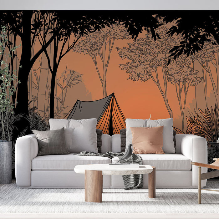 Mural Wallpaper camping in the forest | Tent by a campfire under an orange sky