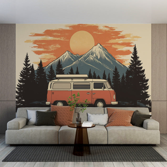 Фототапет къмпинг | Винтидж ван пред планини при залез слънце