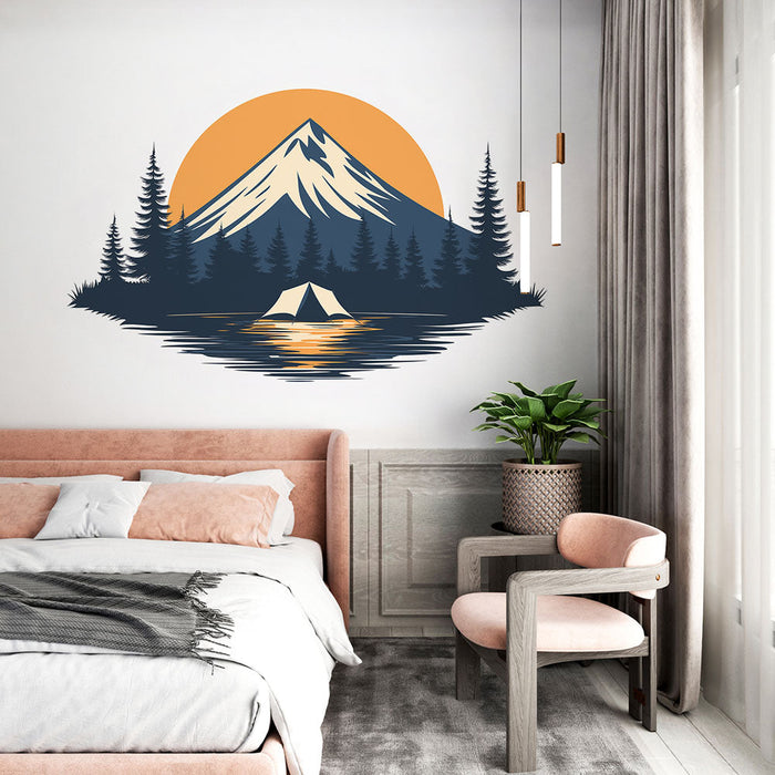 Foto Behang kamperen | Majestueuze berg en tent bij het water