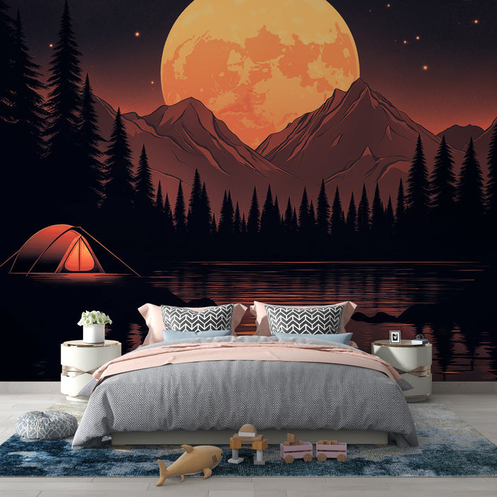 Mural Wallpaper kampiranje | Planine i šator pod punim mjesecom