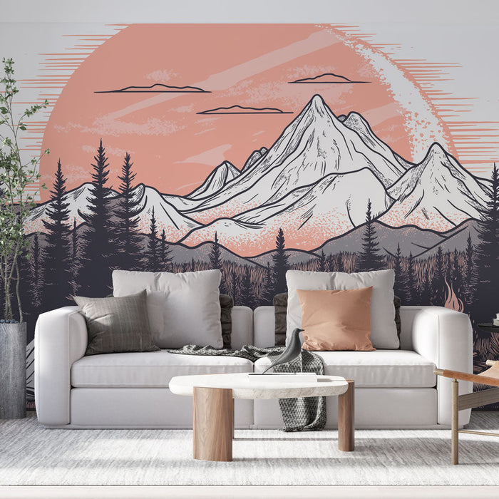 Foto Behang kamperen | Majestueuze bergen en kampvuur