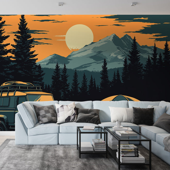 Papel pintado camping | Paisaje montañoso al atardecer con un vehículo todoterreno y una tienda de campaña