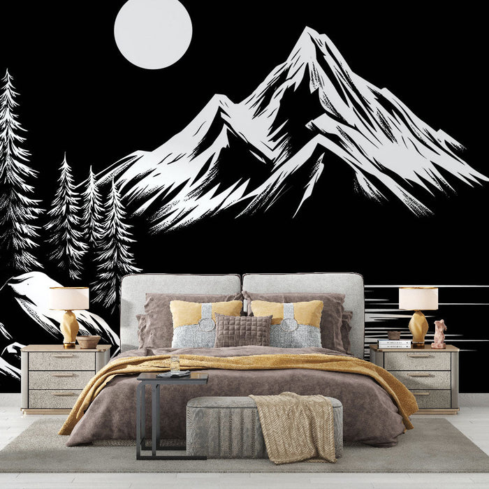 Tapetti camping | Mustavalkoinen vuoristomaisema metsällä ja kuulla