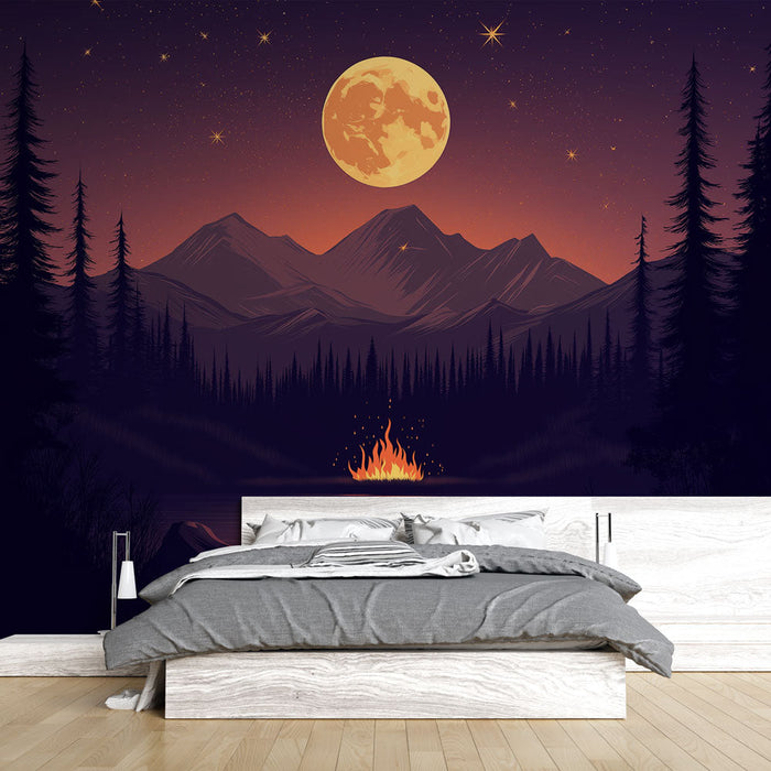 Kamp tapeta | Noćni krajolik s logorskom vatrom i punim mjesecom