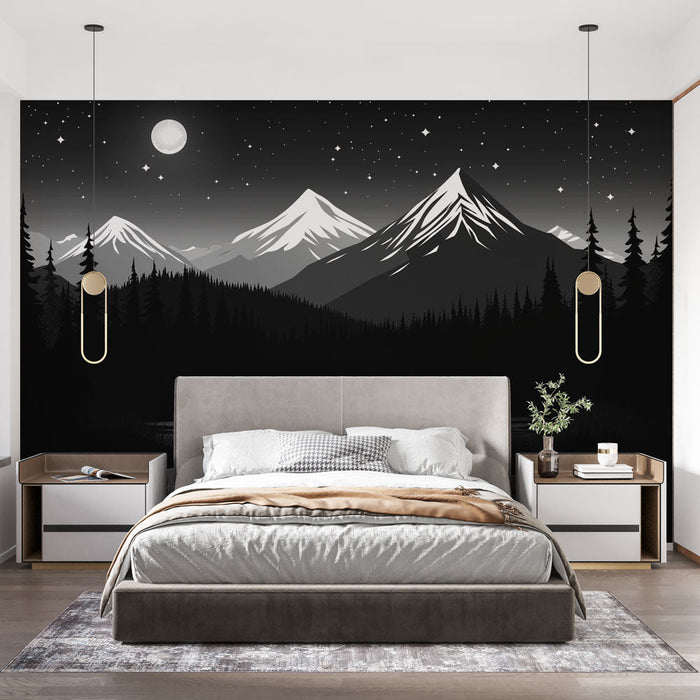 Фототапет къмпинг | Нощен пейзаж на планини и реки в черно и бяло