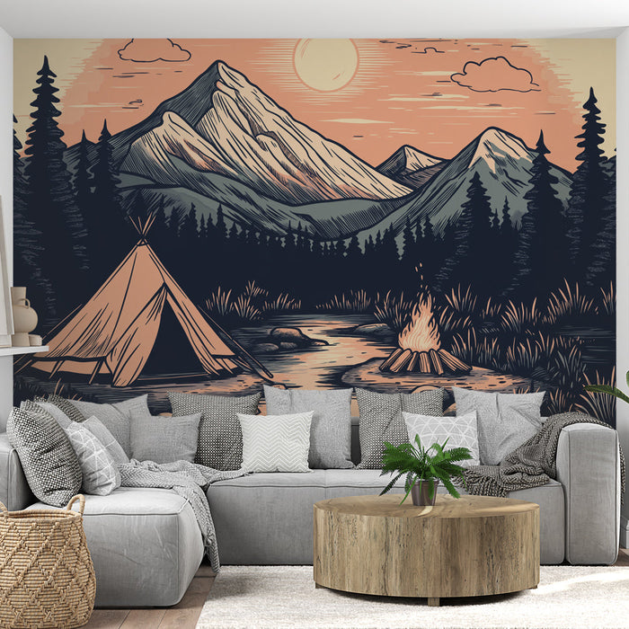 Tapeta za kampiranje | Mirni planinski krajolik s logorskom vatrom