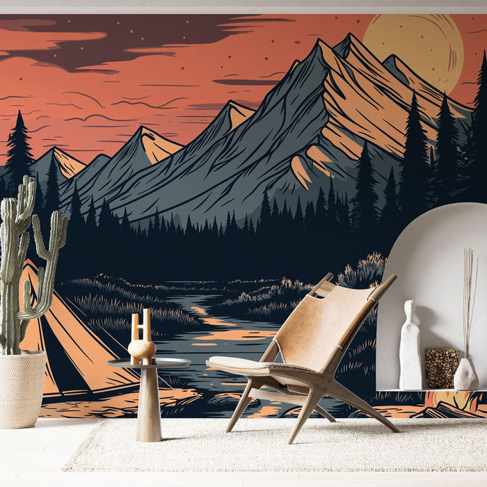 Fototapet camping | Camping scene ved en bæk med bjerge