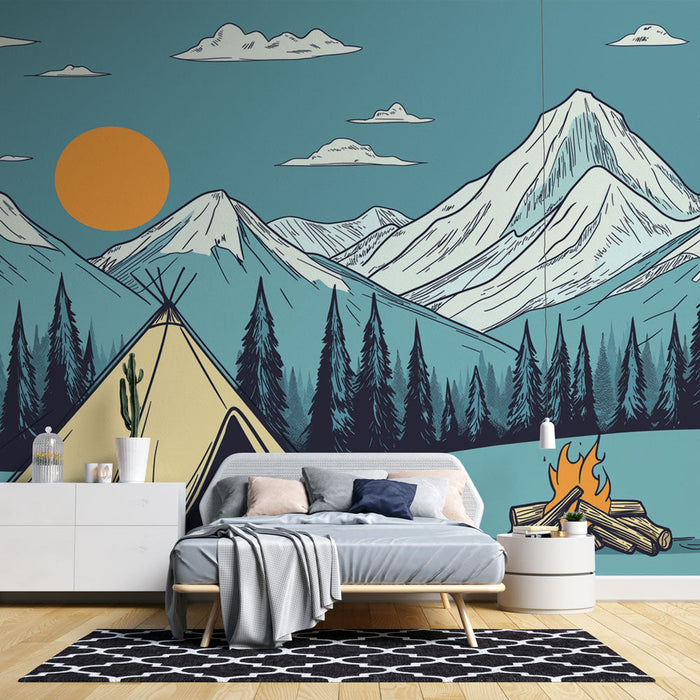 Muralna tapeta kampiranje | Gorska scena s šotorom in taborniškim ognjem