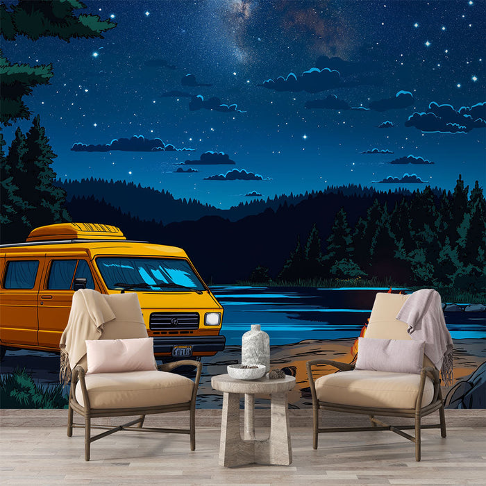 Kampiranje tapeta | Prizor zvjezdane noći s kombijem i logorskom vatrom