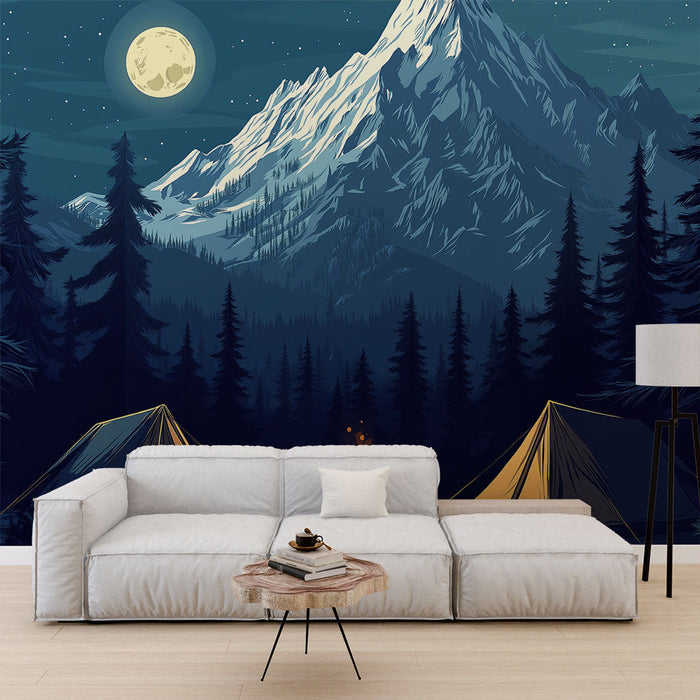 Kampiranje tapeta | Noćna scena sa šatorima i logorskom vatrom ispod mjeseca