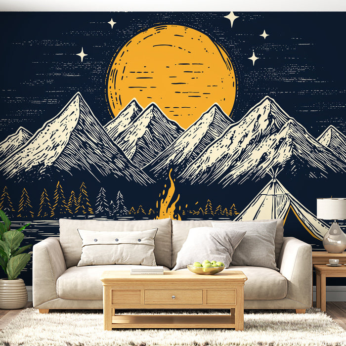 Tapeta camping | Nocna scena górska z ogniskiem i namiotem