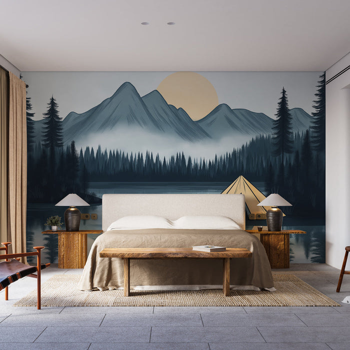 Tapeta campingowa | Namiot nad jeziorem otoczony górami