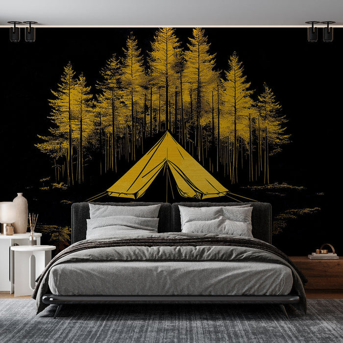 Fototapet camping | Telt omgivet af gyldne grantræer på en sort baggrund