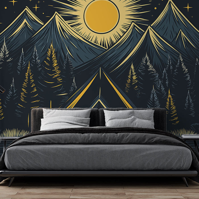 Foto Behang kamperen | Tent en kampvuur in het hart van de berg onder een sterrenhemel