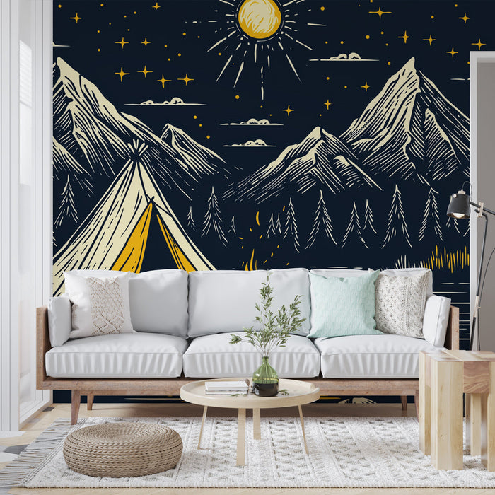 Fototapet kamp | Çadır ve ateşin altında yıldızlı bir gökyüzü