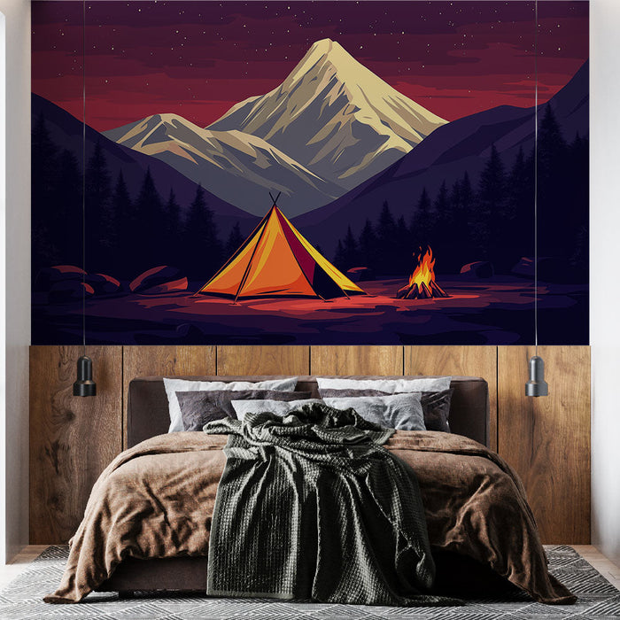 Tapete camping | Helles Zelt und Lagerfeuer unter einem sternenklaren Himmel
