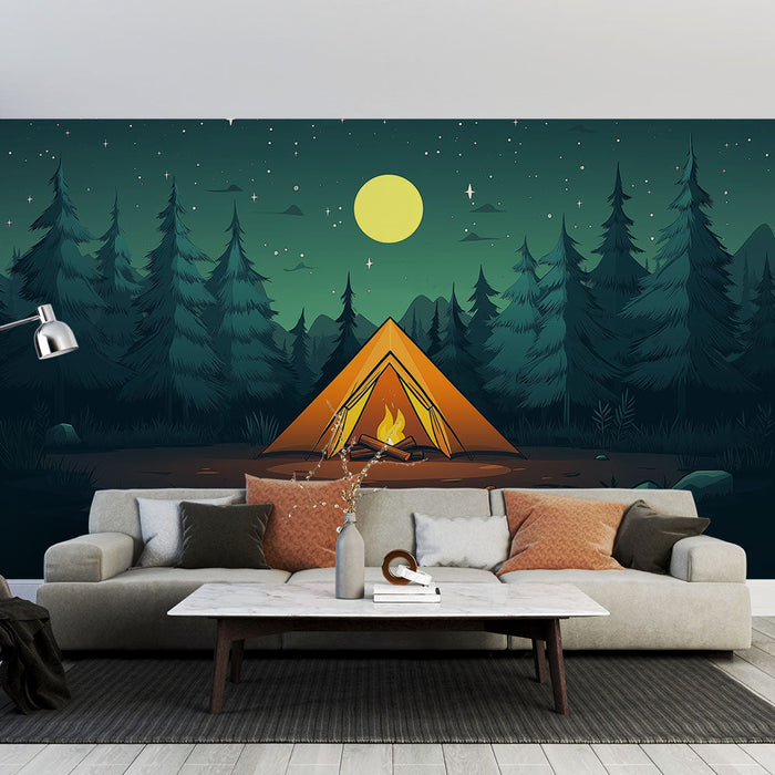 Ταπετσαρία τοιχογραφίας camping | Φωτεινή σκηνή κάτω από ένα αστρικό βράδυ