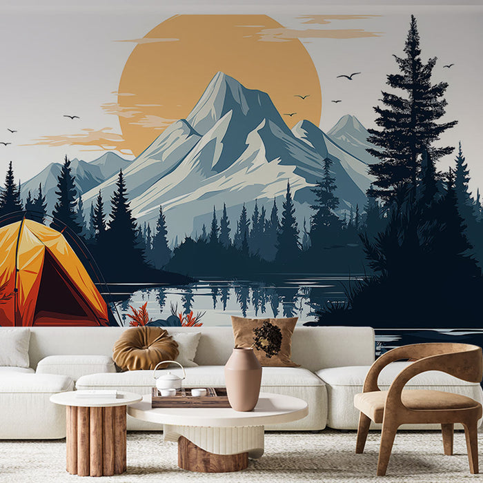Tapetti camping | Oranssi teltta majesteettisen vuoren edessä auringonlaskun aikaan