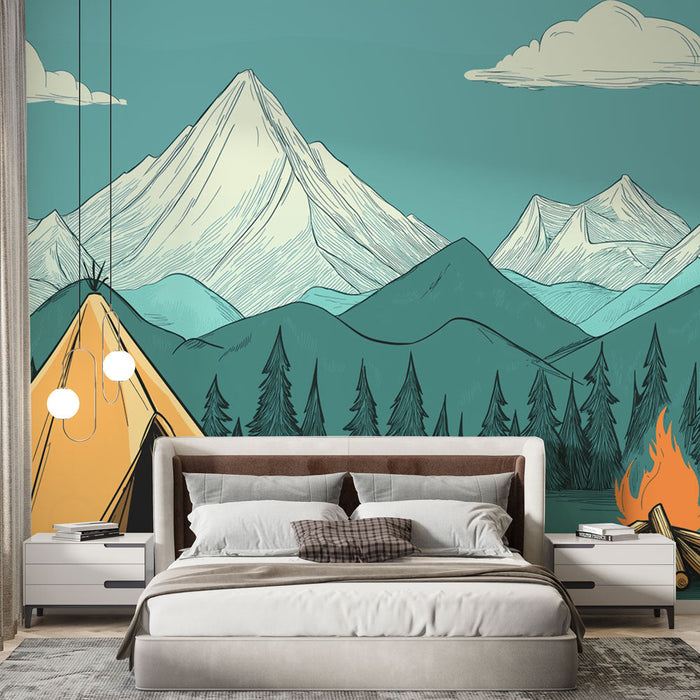 Tapeta camping | Pomarańczowy namiot i ognisko w górach