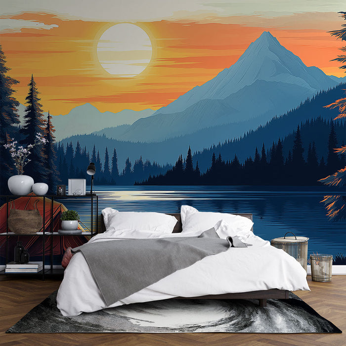 Mural Wallpaper kampiranje | Rdeč šotor ob jezeru ob sončnem zahodu