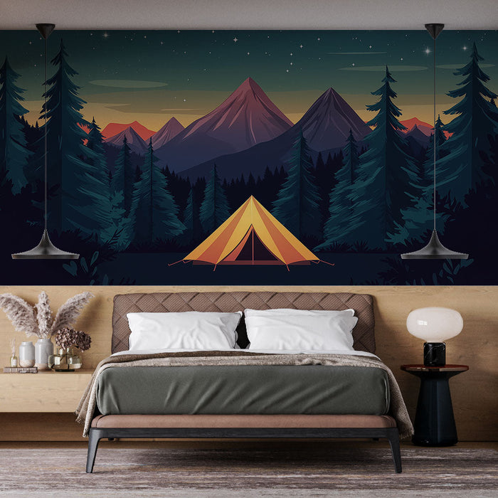 Foto Behang camping | Tent onder een sterrenhemel met majestueuze bergen
