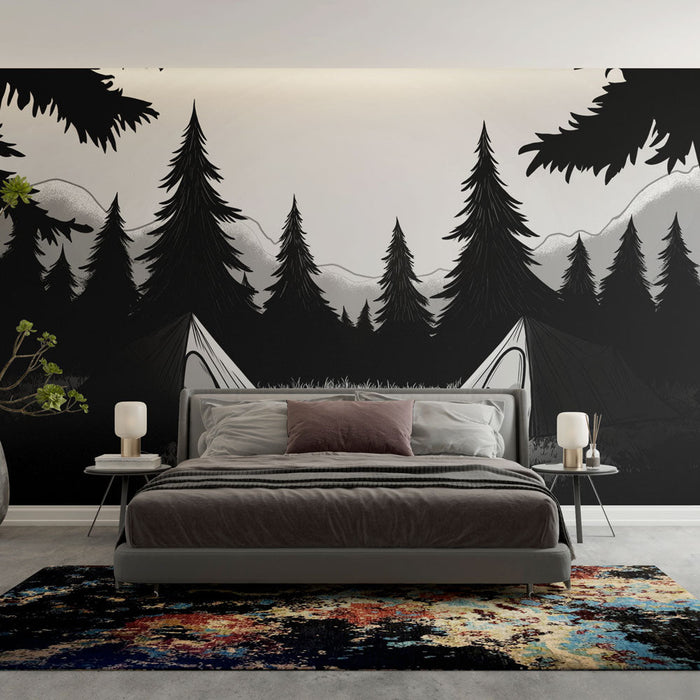 Mural Wallpaper camping | Tents in monochrome forest