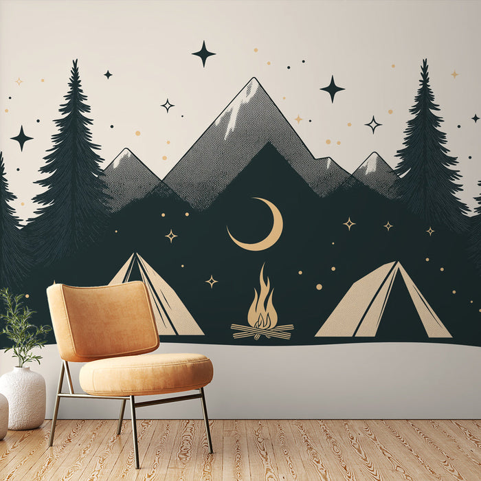 Foto Behang kamperen | Tenten onder de sterren met bergen en kampvuur