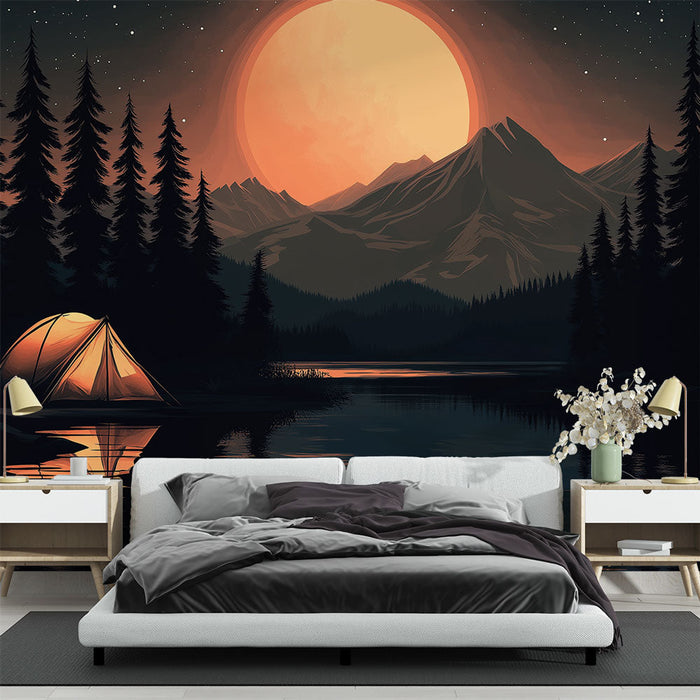 Papel de parede de camping | Uma noite tranquila à beira do lago com uma barraca iluminada