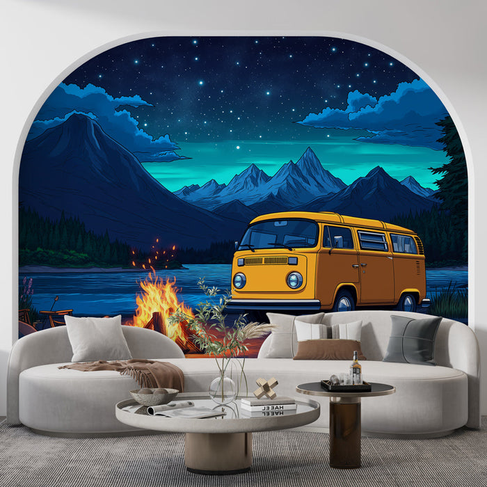 Тапет за къмпинг | Винтидж жълт ван до езеро под звездно небе