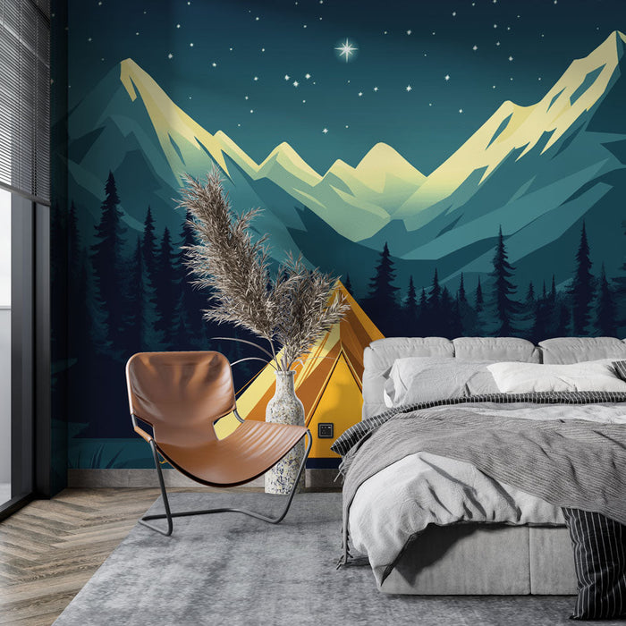 Ταπετσαρία τοίχου camping | Μια φωτεινή σκηνή κάτω από τα αστέρια σε ένα ορεινό τοπίο