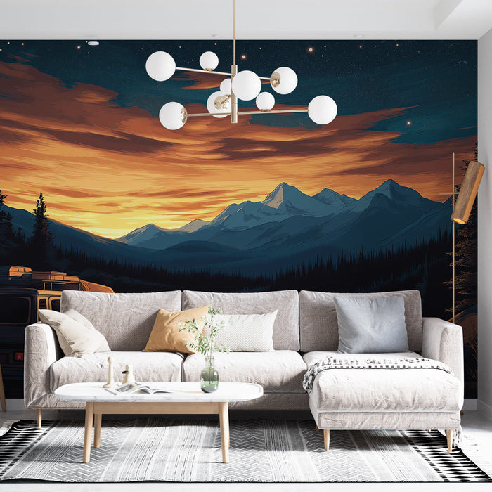 Papel de parede camping | Van retrô à beira de um lago com montanhas ao pôr do sol