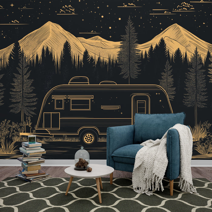 Mural Wallpaper camping vintage | Retro caravan in the starry forest