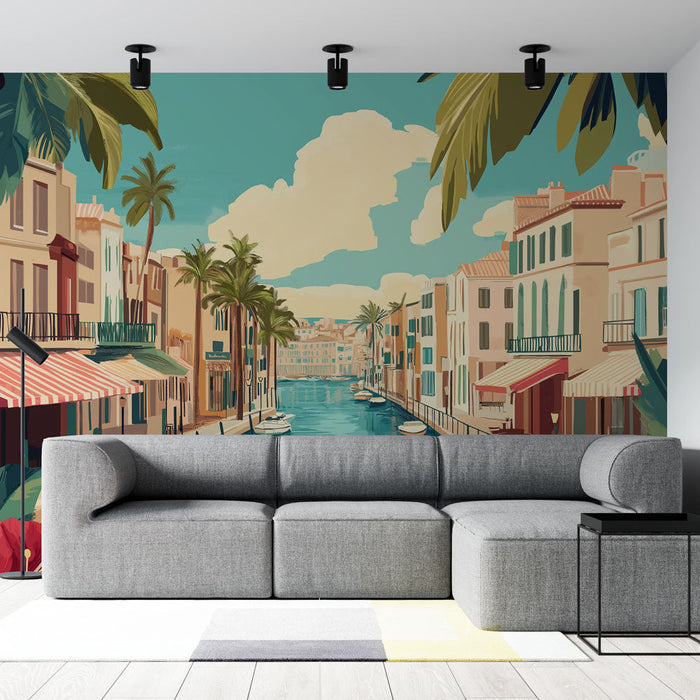 Tapeta sloneczny-kanal | Letnia scena z palmami i kolorowymi domami