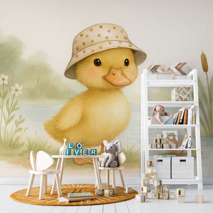 Tapetti onnellinen ankka | Söpö keltainen ankka pilkkupäähineessä rauhallisessa ympäristössä