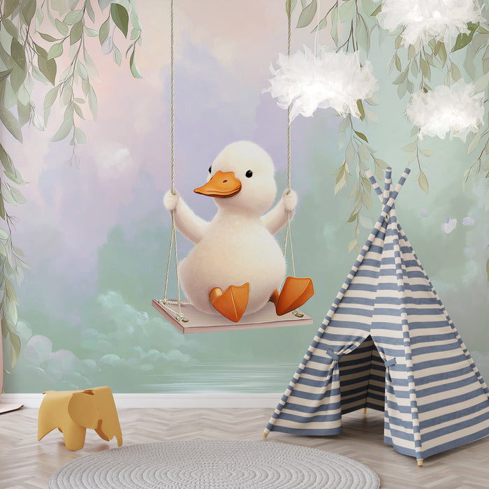 Foto Behang schattige eend | Eend op een schommel in een gezellig en natuurlijk kader