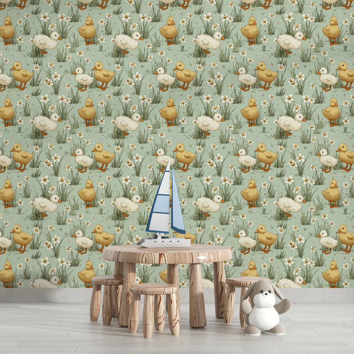 Papel pintado de patos | Diseño alegre de patos en el césped y flores