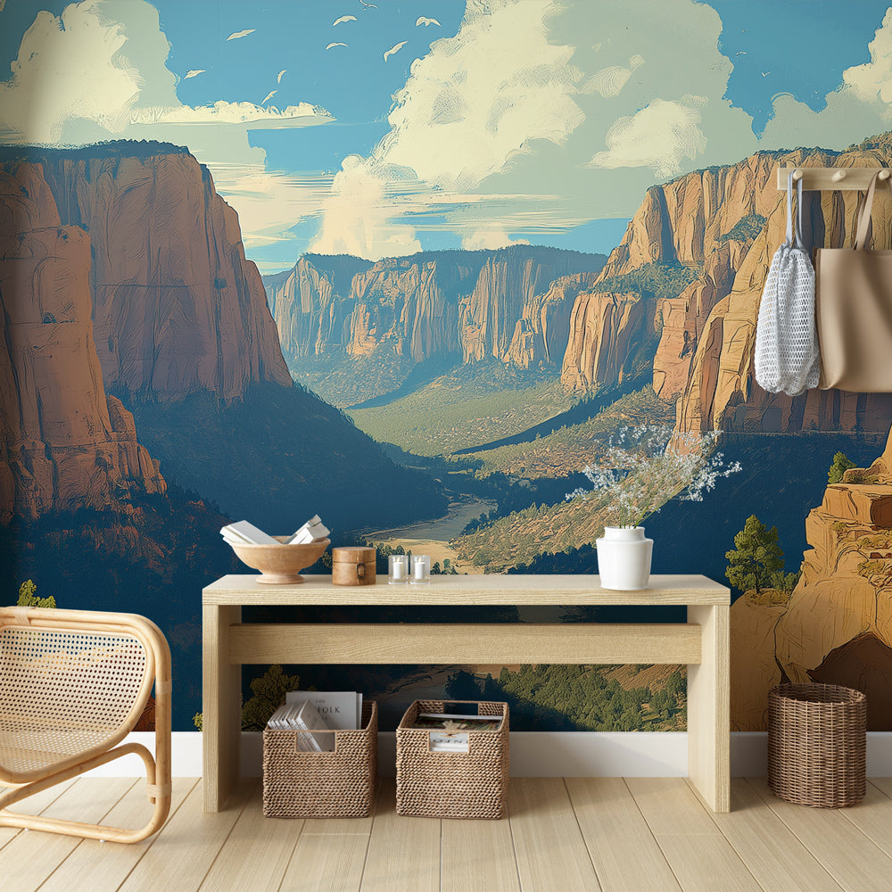 Carta da parati canyon | Vista panoramica di un canyon con un cielo azzurro  chiaro, image size:1000x1000