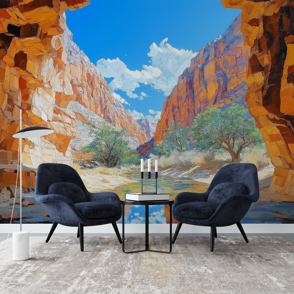 Carta da parati canyon | Vista panoramica di un canyon colorato con ri —  WonderMural, image size:1000x1000