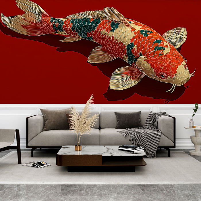 Carta da parati koi carp | Illustrazione artistica di una colorata carpa koi su sfondo rosso