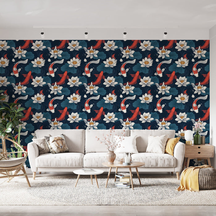Mural Wallpaper koi carp | Elegant motif of carps and water lilies on a dark background
