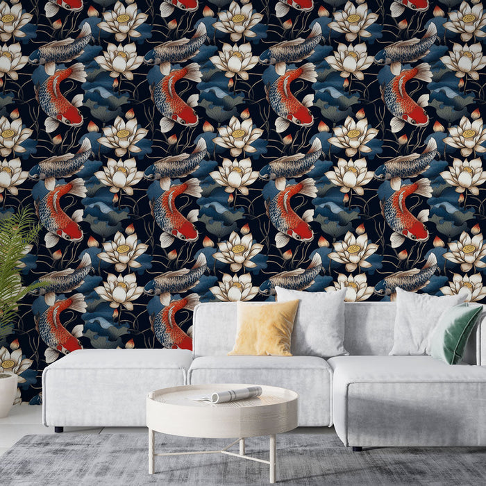 Tapeta koi carp | Delikatny motyw karpia i kwiatów lotosu na ciemnym tle