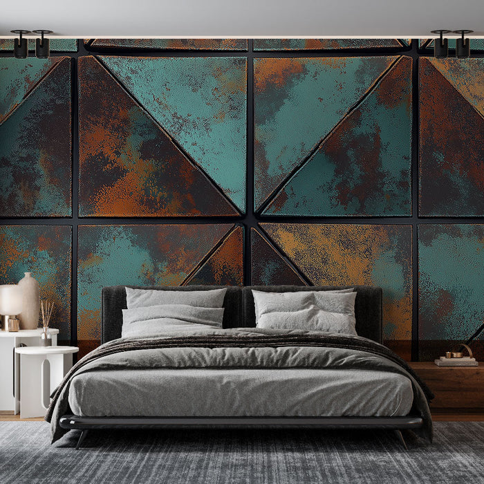 Papel pintado copper tile | Triangular patterns in rusty and aqua shades