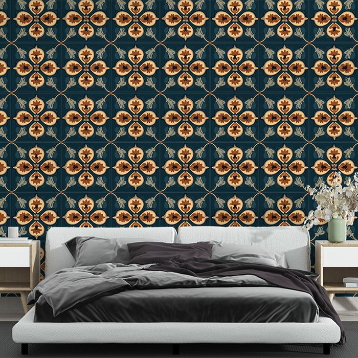 Tapete vintage πλακάκι | Λουλούδια σε βαθύ μπλε φόντο