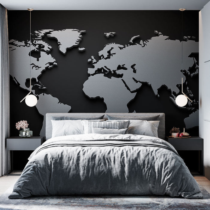 Ταπετσαρία τοίχου παγκόσμιος χάρτης | Γκρι 3D και μαύρο φόντο