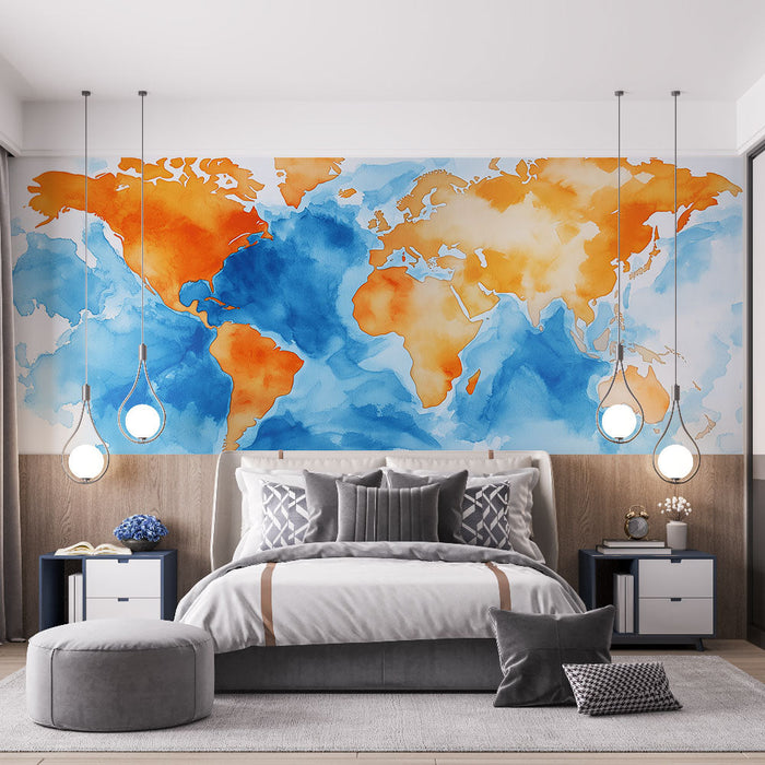 Nástěnná tapeta mapa světa | Oranžová a modrá akvarelová malba